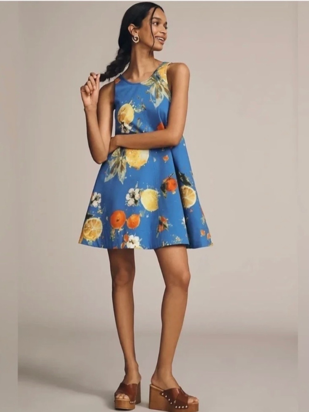 Anthropologie Maeve Keiko Mini Dress Size M Citrus Fruit Floral Lemon Blossom